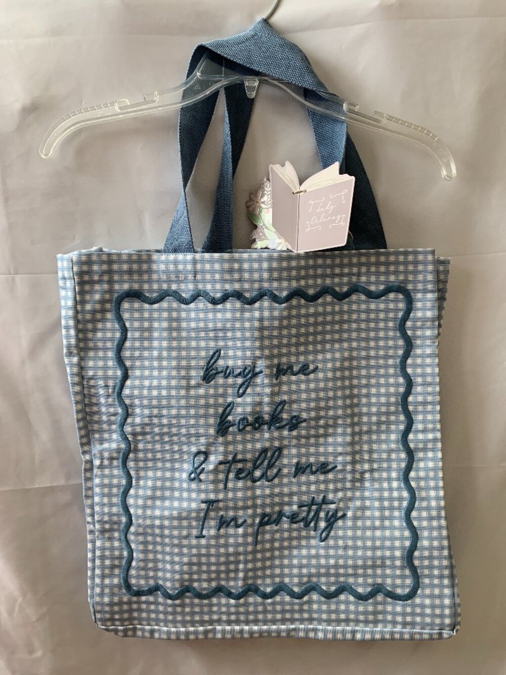 LADY DELANEY Buy Me Books & Tell Me I'm Pretty Embroidered Tote Bag in Blue